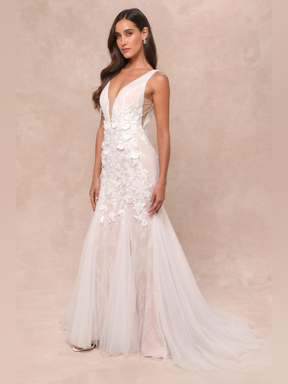 LULU’S Exceptional Vow White Tulle Lace Applique Mermaid Maxi Dress - Picture 2 of 5